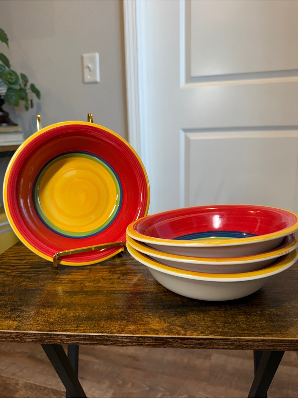 Royal Norfolk Colorful Striped Stoneware Bowls Set of 4 Red Yellow Blue Green